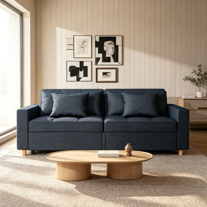 2 Seater Linen Sofa Bed, Navy