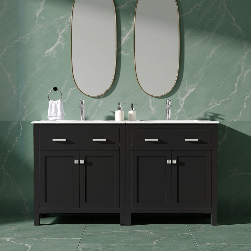 Meuble-lavabo 60 po avec lavabo double 60 po - tiroir escamotable, portes à fermeture en douceur, tablette en U