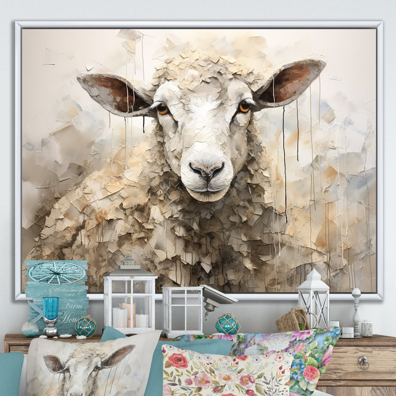 Cozy beige minimaliste mouton II - mouton, art mural, H 34 po x l 44 po x P 1,5 po, Cadre flottant blanc