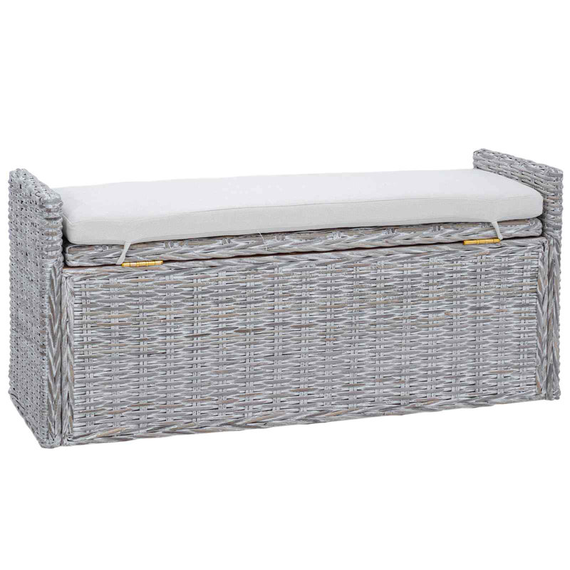 Rattan Storage Bench, White Wash