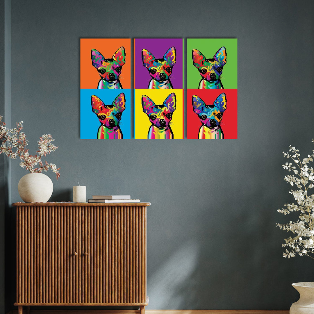 Rainbow Chihuahua Line-Up von Michael Tompsett - Galerieverpackte Leinwand Giclée auf Leinwand ohne Rahmen