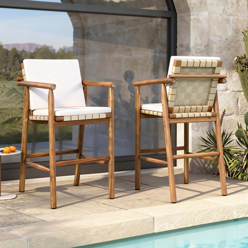 2 tabourets de bar à hauteur de comptoir modernes en bois d'acacia avec dossier et siège à sangles pour patio, piscine et jardin