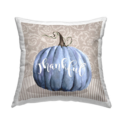 Blue Pumpkin Autumn Thankful Calligraphy Pattern Printed Throw Pillow Design By Livi + Fin