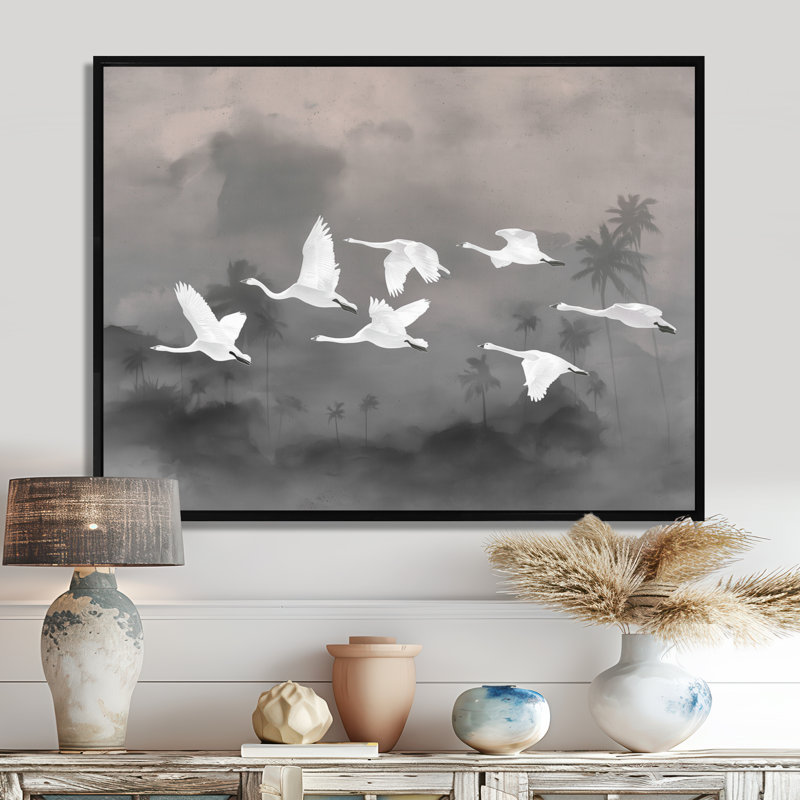 Blanc, cygnes émigrants vers la baie de Chesapeake, H 12 po x l 20 po, Picture Framed, Noir