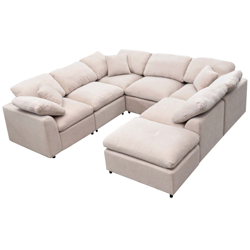 129" Extra-Wide Modular Sectional Sofa - 7-Seater Diamond Weave Polyester, Beige Polyester