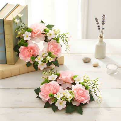 Ensemble de 2 pièces, couronne de bougie de style pivoine de 7,8 pouces, couronne de bougie toutes saisons fabriquée à la main avec feuilles vertes pour le centre, mariage, Saint-Valentin, foyer, décoration florale