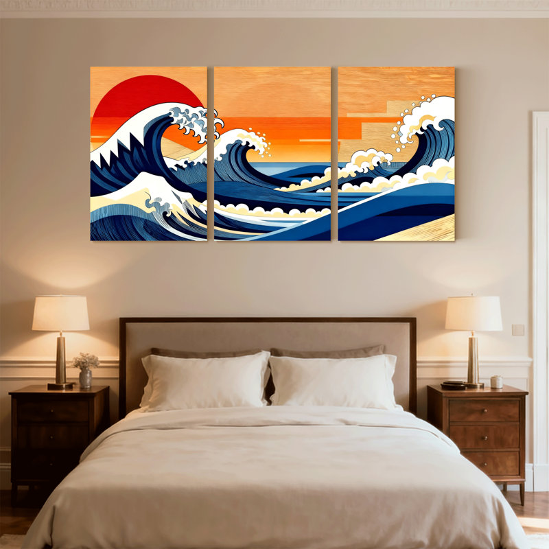 «Nautical & Beach Wave Sunset Ocean», ensemble de 3 reproductions d'art sur toile, H 24 po x l 48 po