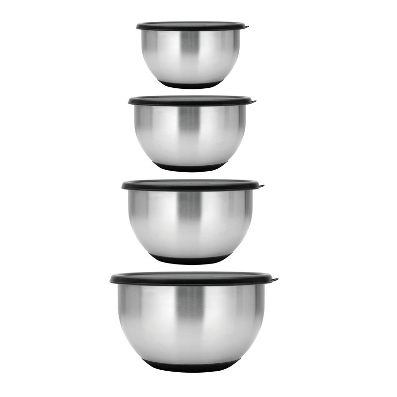Geminis 8-Piece Stainless Steel Mixing Bowl Set with Black Lids