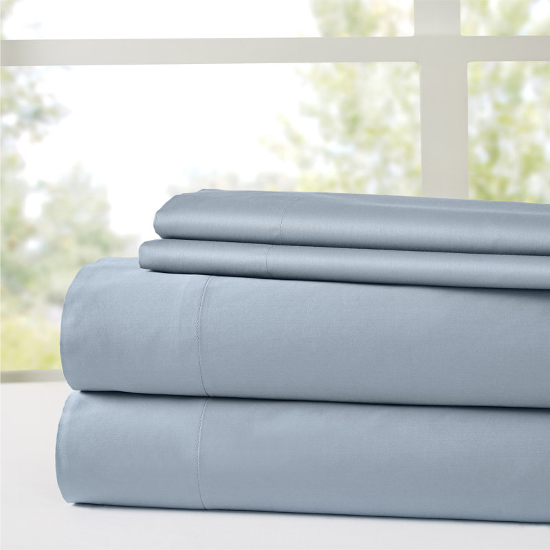Ensemble de draps en satin de coton 400 fils , Complète, Bleu