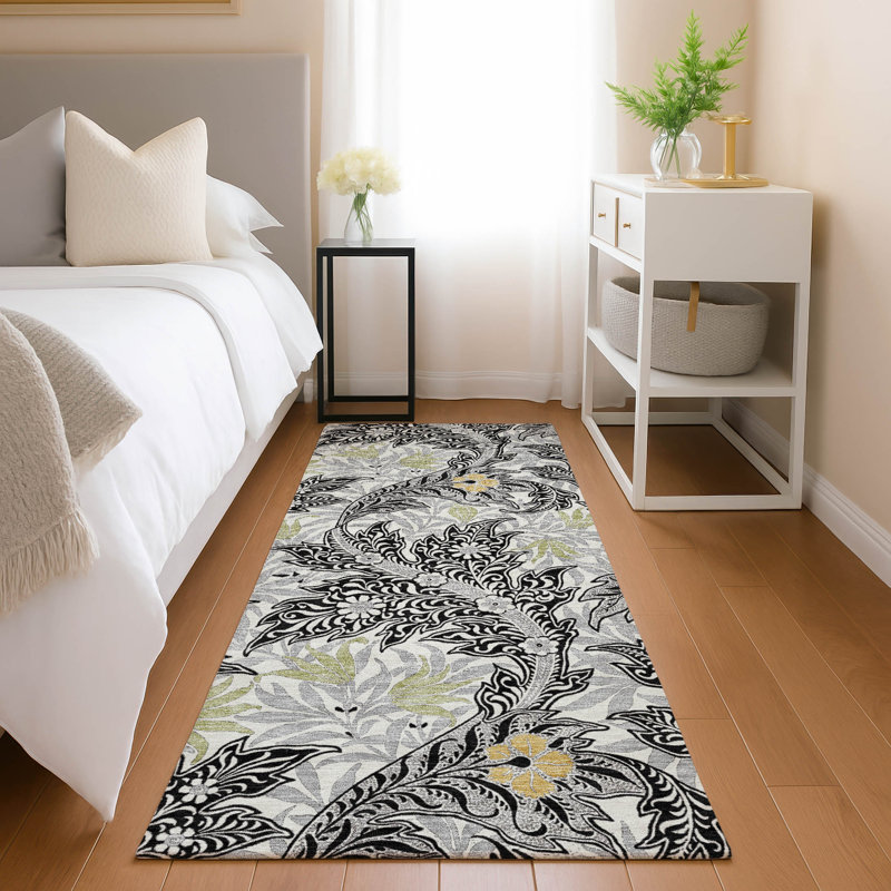 Machine Washable Indoor/Outdoor Chantille ACN2753 Botanical Rug, 2'3" x 7'6" Runner, Black