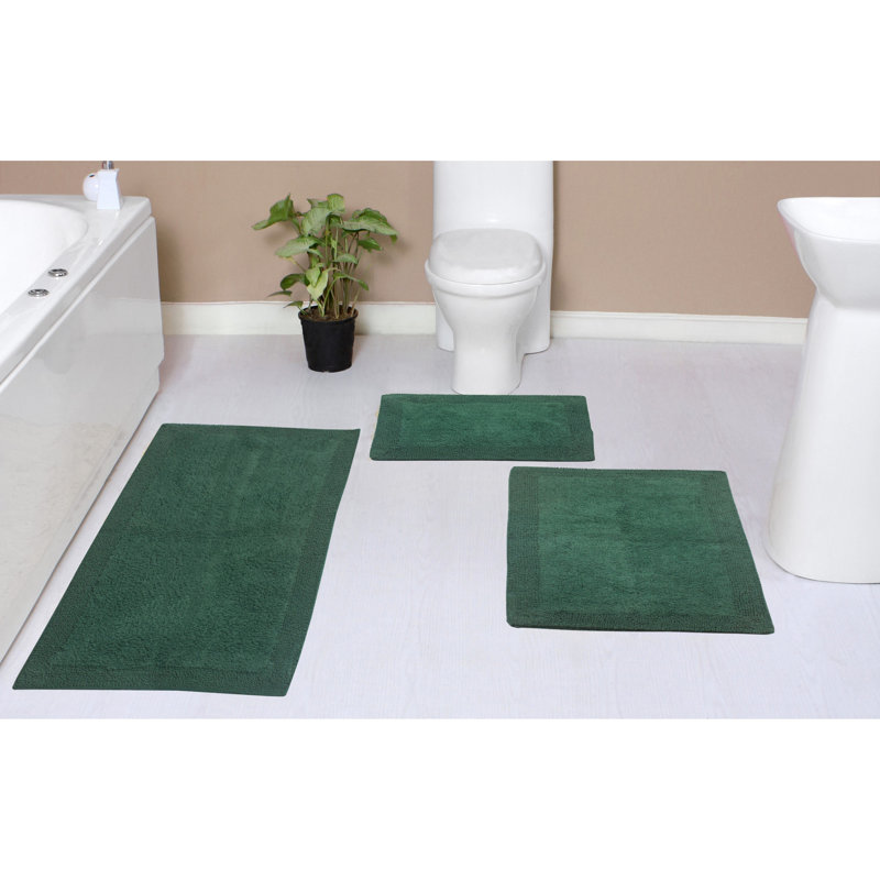 Bruss Luxury 100% Cotton Reversible Bath Rug (Set of 3), Bottle Green