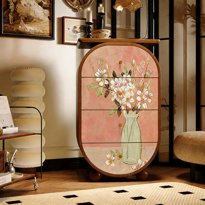 Modern Luxe Floral Solid Wood 4-Drawer Cabinet