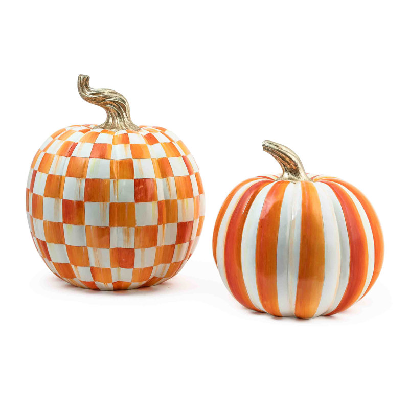 Check Large Pumpkin Decorative Accent, Orange/White/Gold, 15" H x 12" W x 12" D
