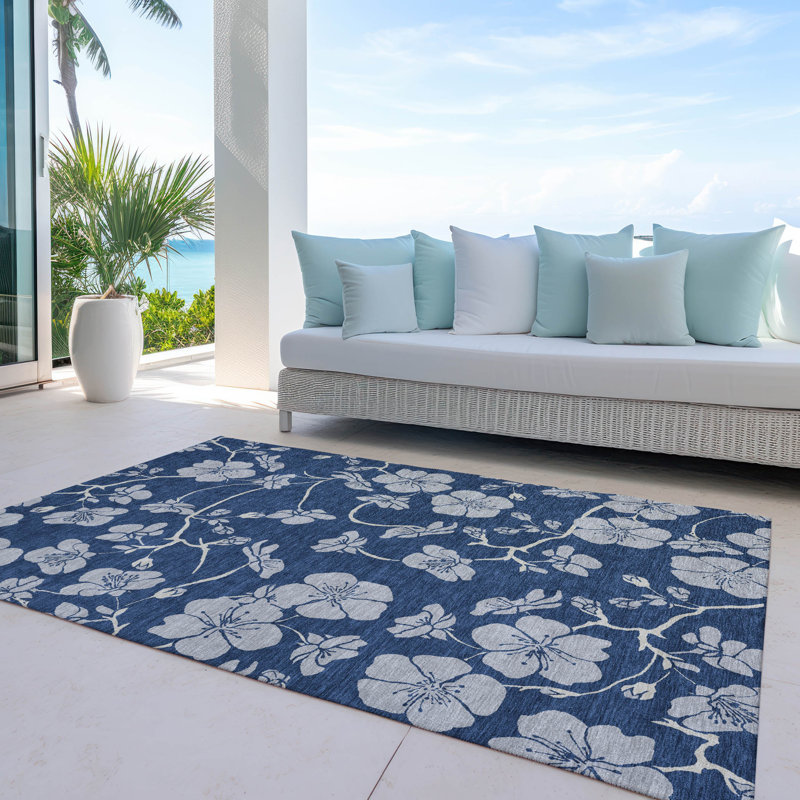 Navy Floral Synthetic Rectangular 5' x 7' Washable Rug