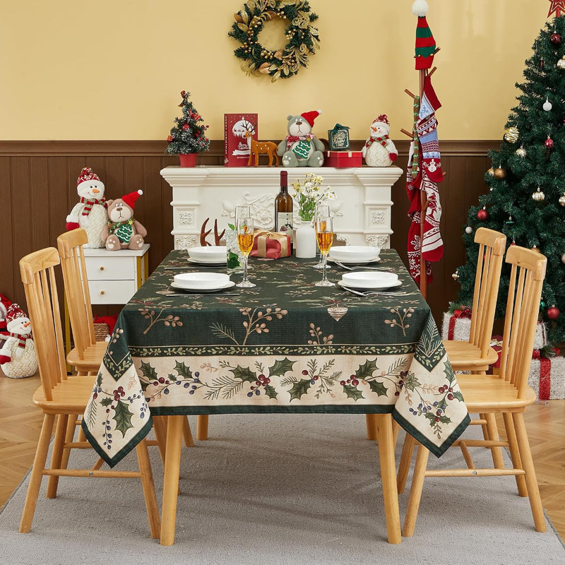 Nappe de Noël 150 g/m² à motif de houx, nappe en tissu résistant pour les repas des fêtes, 60 * 84 pouces (États-Unis), Vert