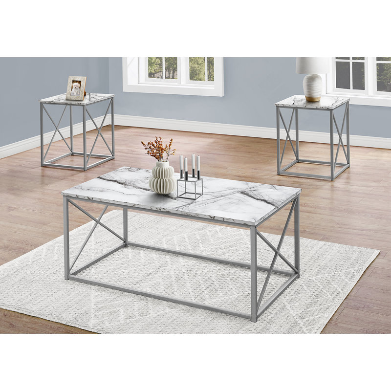 Ensemble de table, table basse, bout, côté, décor, salon, stratifié aspect marbre blanc, métal gris, Blanc / Gris, Argent