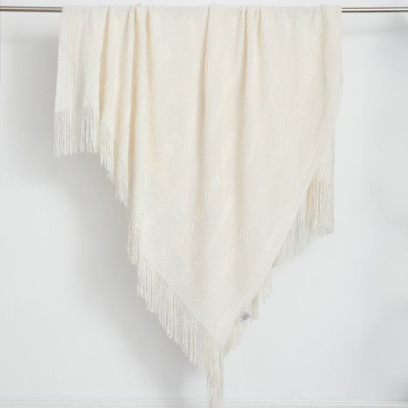 Cream Knitted Zigzag Pattern Throw Blanket with Fringe Edges