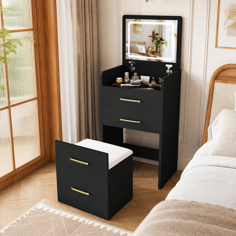 Ensemble coiffeuse de 51 cm avec table de chevet et miroir rabattable, noir, Noir