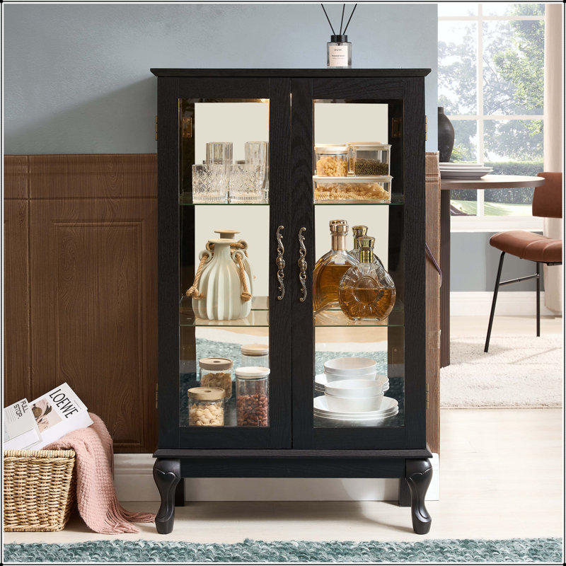 Vitrine lumineuse avec portes en verre trempé et dossier en miroir - Noir