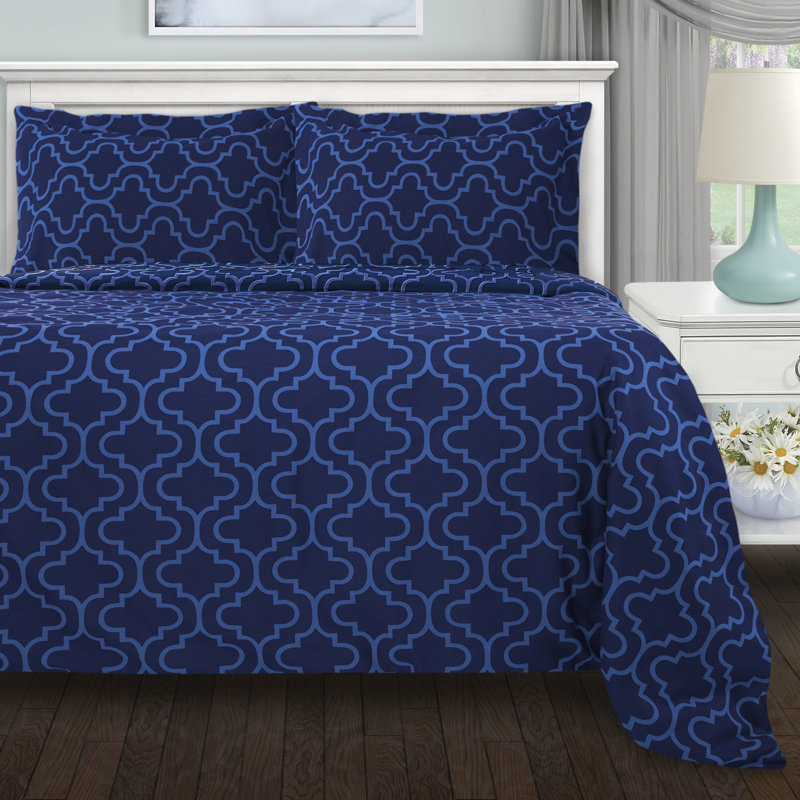 Ensemble de housse de couette moderne et contemporaine 100% flanelle de coton Écosse, Lit simple, Trellis bleu marine
