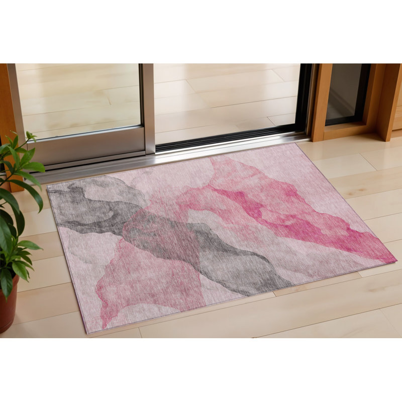 Tapis extérieur lavable abstrait 3 pi x 5 pi rosé et gris