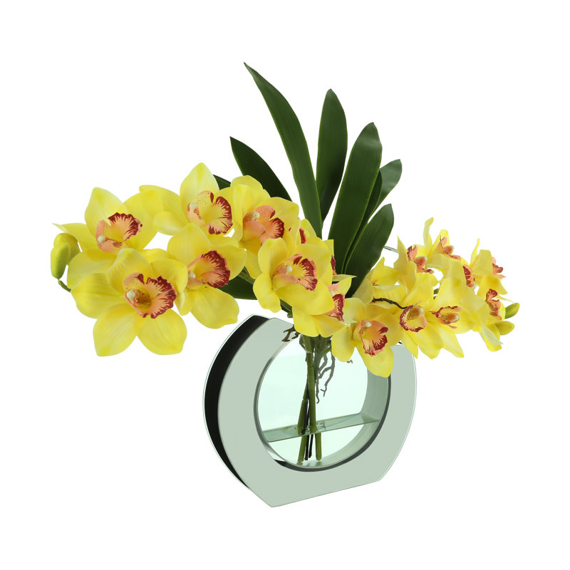 Arrangement floral orchidée dans un vase en miroir, Jaune