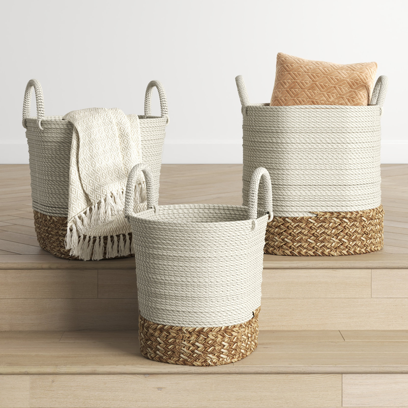 Madura Handmade Coastal Seagrass Decorative Basket - Set of 3, White