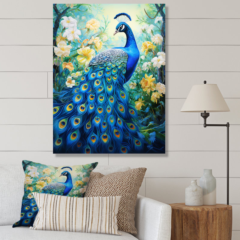 Yunick bleu sarcelle symboliste - art mural paon pour le salon, H 32 po x l 24 po, Toile tendue