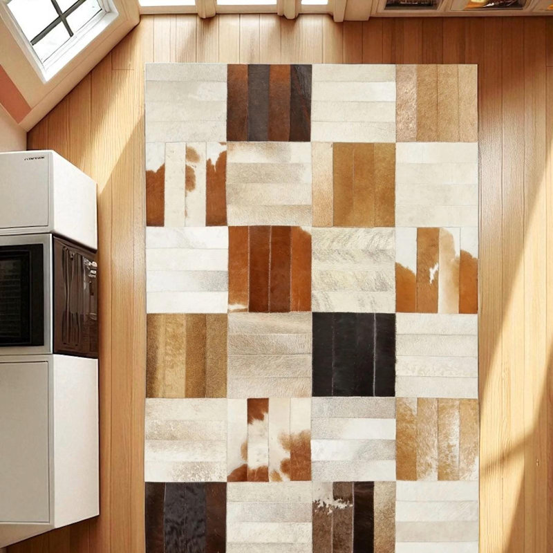 Tapis multicolore en cuir de vache patchwork, tapis moderne en cuir à carreaux, Rectangle de 10 pi x 14 pi