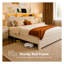 Grand lit plateforme tapissier avec tiroirs de rangement et tête de lit rembourrée, velours côtelé beige