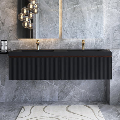 Meuble-lavabo mural moderne à rayures avec lavabo et tiroir à fermeture en douceur