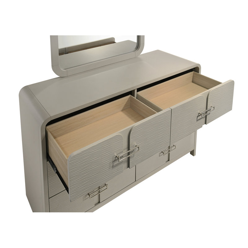 Commode 6 tiroirs Aria Modern avec façade texturée, poignées en métal et système de roulement à billes en beige