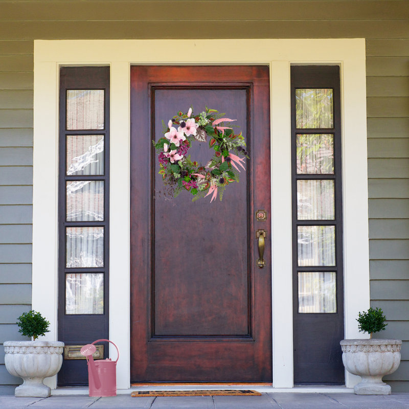 24-Inch Pink and Purple Artificial Spring Floral Wreath with Grapevine Base