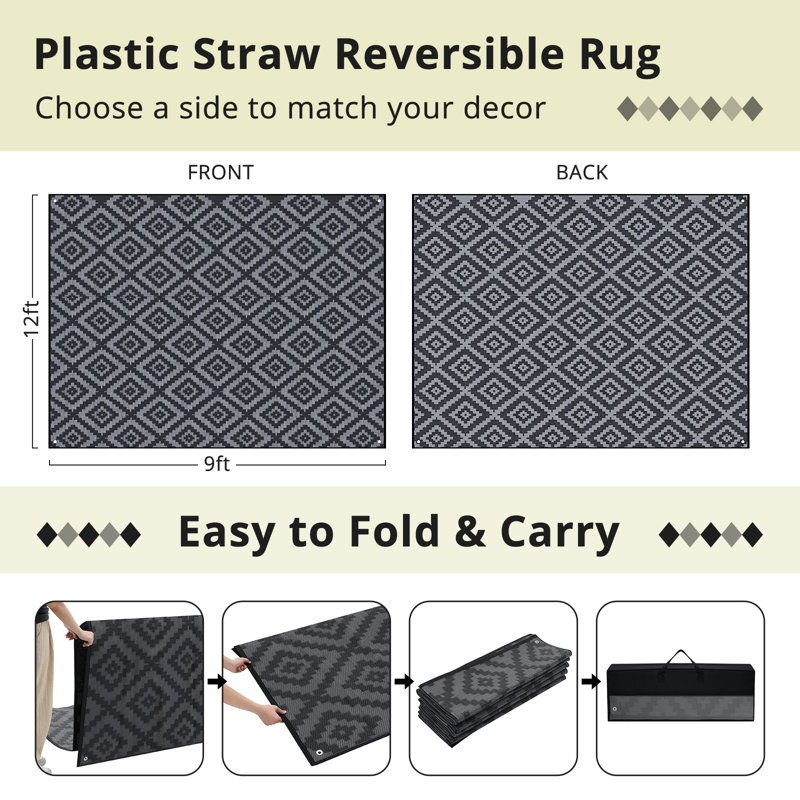 Outdoor Rug Plastic Straw Rug Waterproof PP Tube Woven Picnic Mat for Patio Decor Porch Balcony Picnic Rug