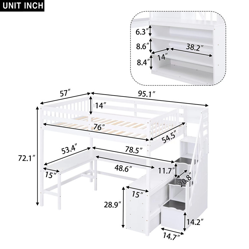 Lit mezzanine double avec bureau intégré en forme de L et tablettes de rangement à trois niveaux, et escalier de rangement attaché, blanc