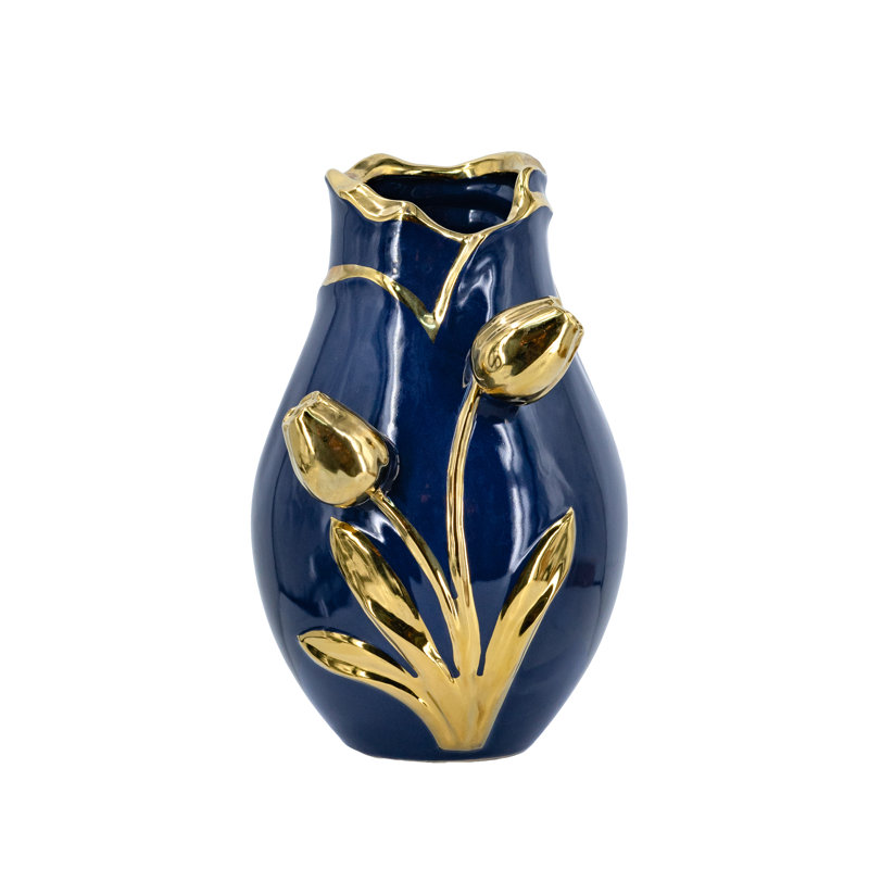 Vase en céramique bleu marine avec motif tulipe dorée, H 11,2 po x l 7,5 po x P 7,5 po