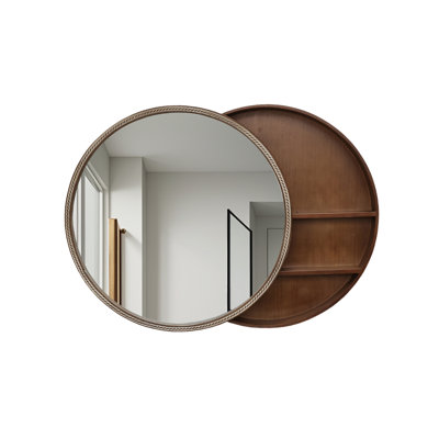 23.62" Sliding Round Wall Mirror with Storage Shelves - 2-Tier Wooden Side Cabinet, Space-Saving Hanging Mirror for Bathroom Vanity, Bedroom & Entryway