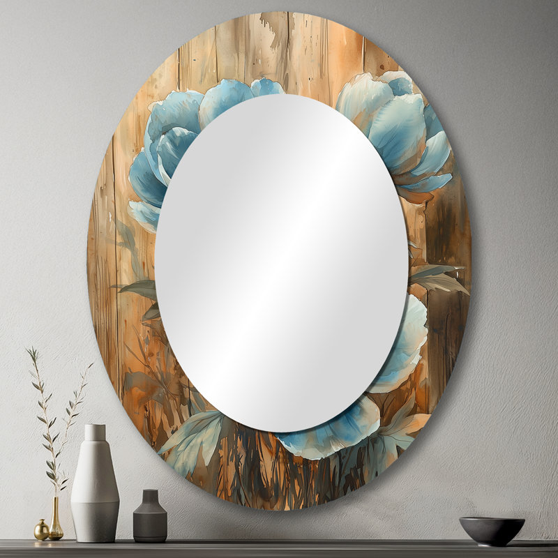 Pivoines bleues dans la basse-cour II - Grand miroir mural ovale sur métal, 43 po x 33 po