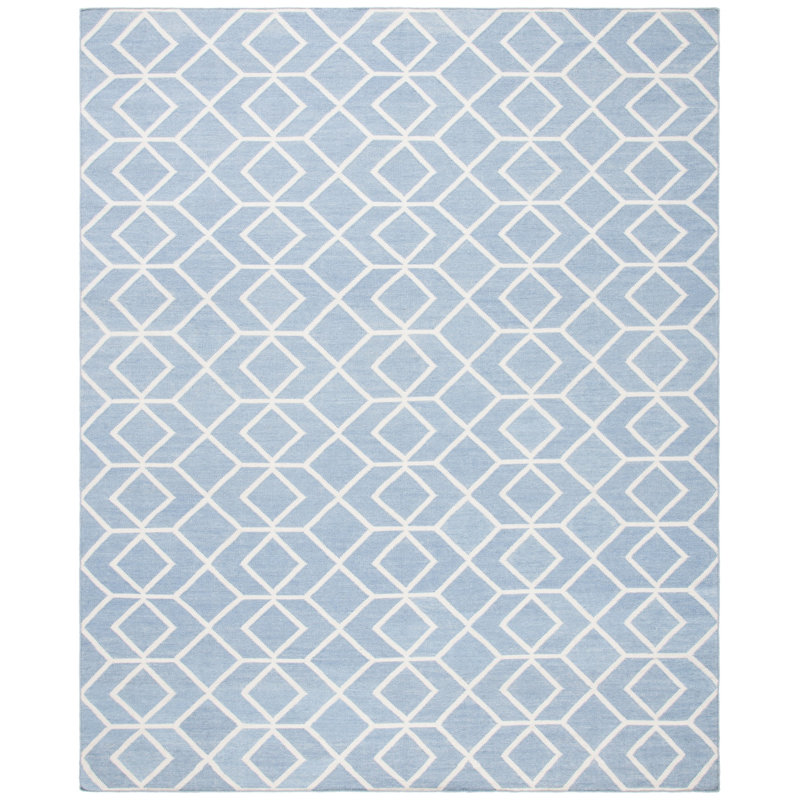 Tapis géométrique en laine / coton tissé à la main Rodgers - bleu / ivoire, Rectangle 9 pi x 12 pi