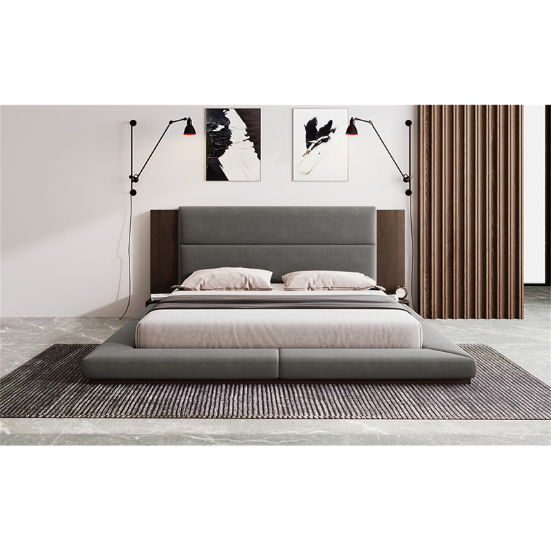 Floor Upholstered Platform Bed With Extended Wood Headboard & Bedside Shelf, Queen