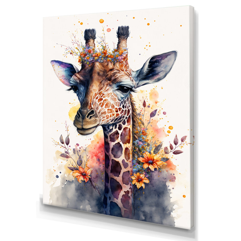 «Cute Giraffe Floral Art I», peinture sur toile, H 20 po x l 12 po x P 1 po, Toile tendue