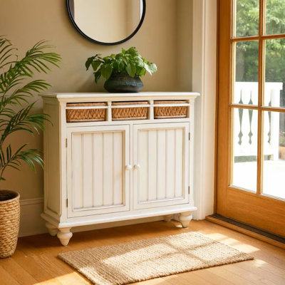 Kolya 3 Door White Washed Accent Chest with 3 Wicker Baskets by Highland Dunes