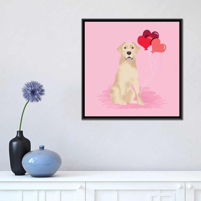 Reproduction d'art sur toile tendue, "Labrador Love Ballons", H 18 po x l 18 po x P 1,5 po, Toile avec cadre noir