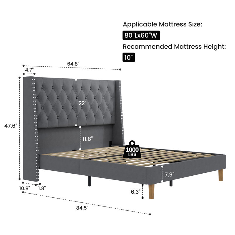 House of Hampton Modern Velvet Upholstered Platform Bed with Wingback Tufted Headboard, Gray, Queen