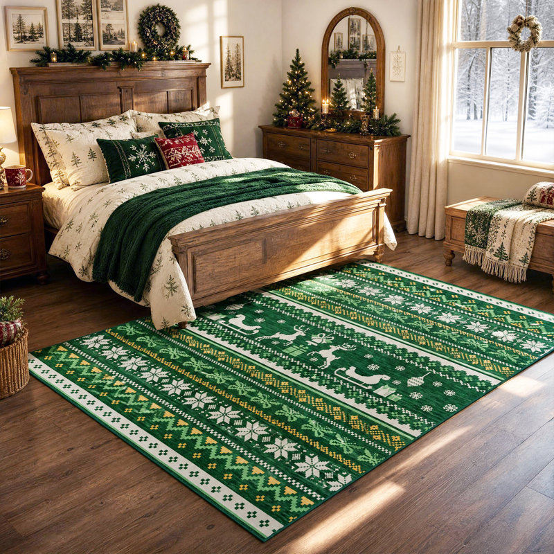 Tapis de Noël lavable et antidérapant pour l'intérieur, idéal pour le salon., Vert, 3*5