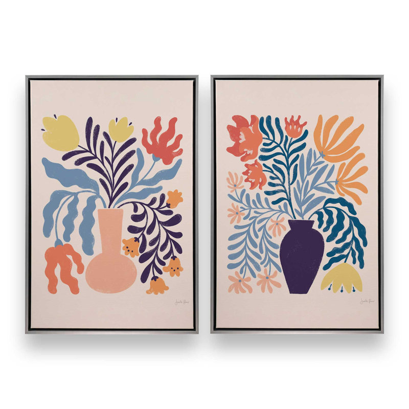 «Playful Garden Vase», ensemble de 2, reproduction sur toile, Cadre flottant en chrome poli, H 48,75 po x l 32,75 po