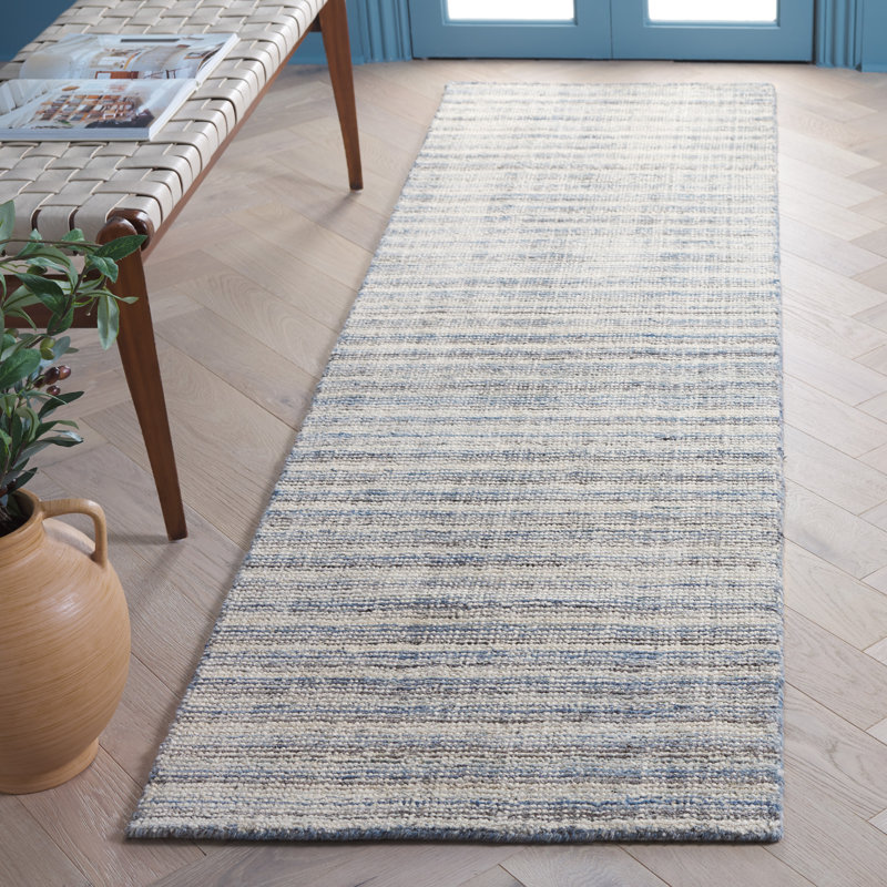 Brileigh Hand Loomed Wool/Viscose/Cotton Striped Rug in Ivory/Blue, Runner 2'3" x 8'