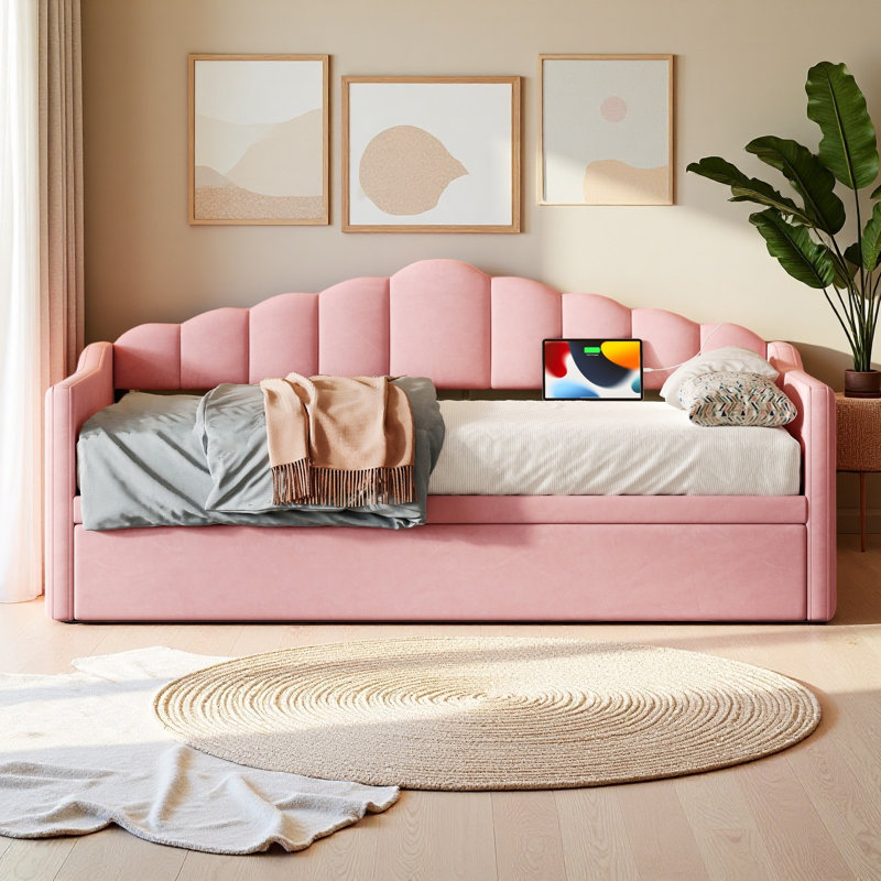 Twin Size Daybed With Storage 2 Drawers And Charging Station, Day Bed Frame With LED Lights And Storage Headboard, No Box-Spring Needed