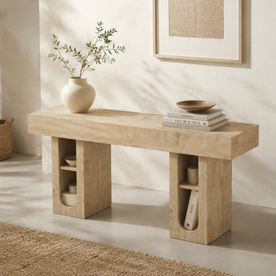 Console de 63 pouces de long avec prise de courant, table de vestibule avec tablettes de rangement, canapé de ferme en panneau de fibres à densité moyenne haute densité pour couloir derrière le canapé, salon, bois