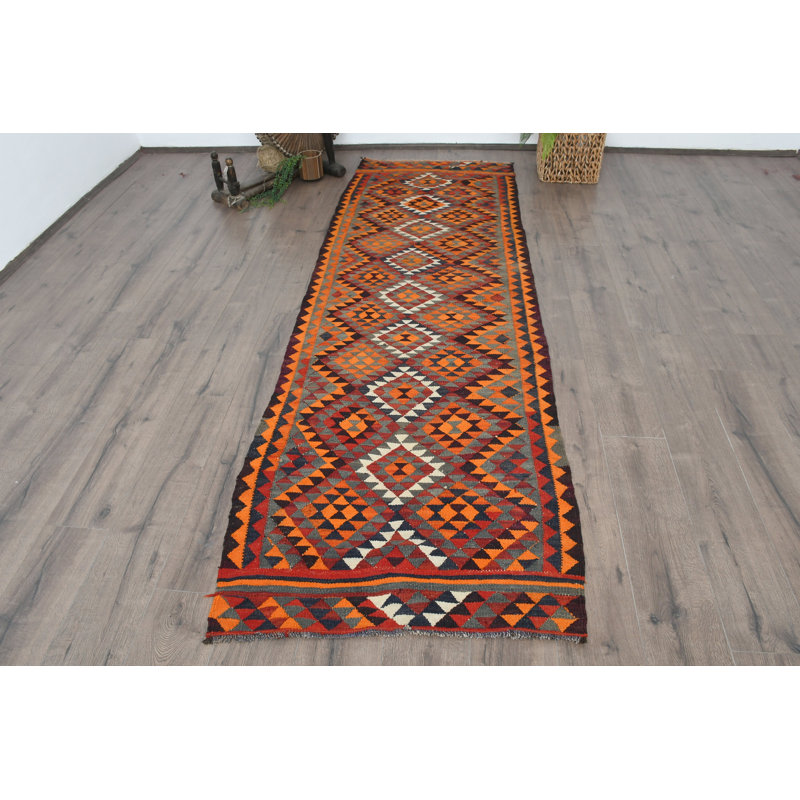 Tapis à motif géométrique en laine orange 35,4 x 111,4 pouces